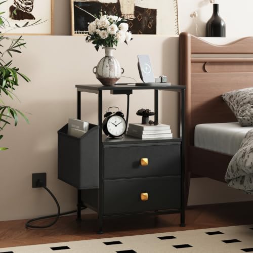 MALOL Night Stand with Charging Station & Led Light Strip, Bedside Table with Open Shelf & 2 Fabric Drawers and Reversible Side Storage Pocket, Modern End Table Bedroom,Living Room,Black by MALOL