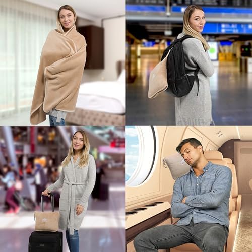 BlueHills Travel Blanket Pillows for Two Airplane Traveling Essentials Flight Throws in Bag case with Backpack Clip Compact Large Plane Accessories –Teal Blue and Beige - Image 3