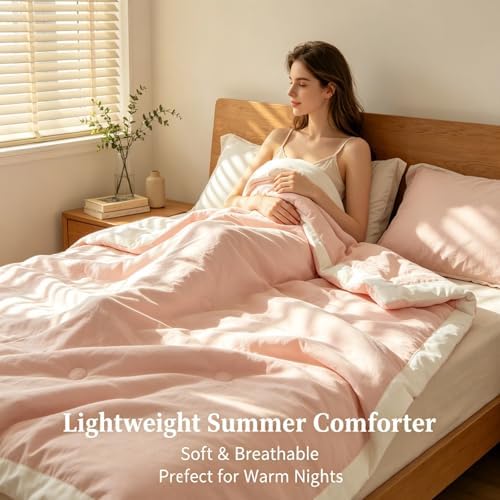 100% Cotton Summer Comforter,Ultra Soft Breathable Lightweight Quilt,Machine Washable for Hot Sleepers&Travel. (Pink, XXL(71''×78'')) - Image 2