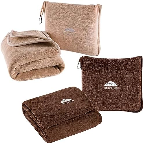 BlueHills Travel Blanket Pillows for Two Airplane Traveling Essentials Flight Throws in Bag case with Backpack Clip Compact Large Plane Accessories – Beige and Brown by BlueHills