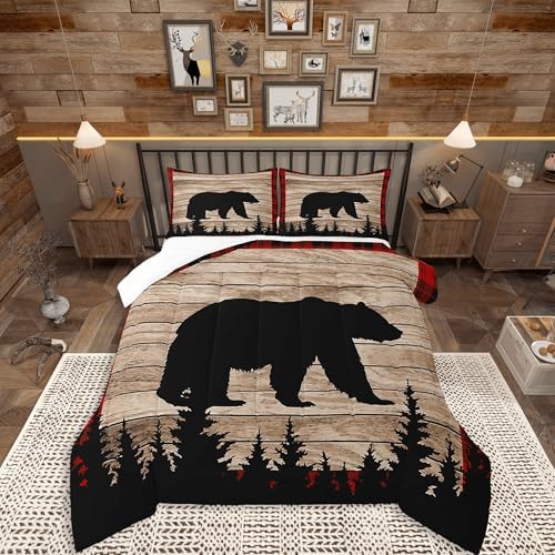 Castle Fairy Kids Bear Silhouette Comforter Set Full Size,Wildlife Animal Trees Print Bedding Comforters for Girls Teens,Red Black Plaid Retro Board Down with 2 Pillowcases,Chic by CastleFairy