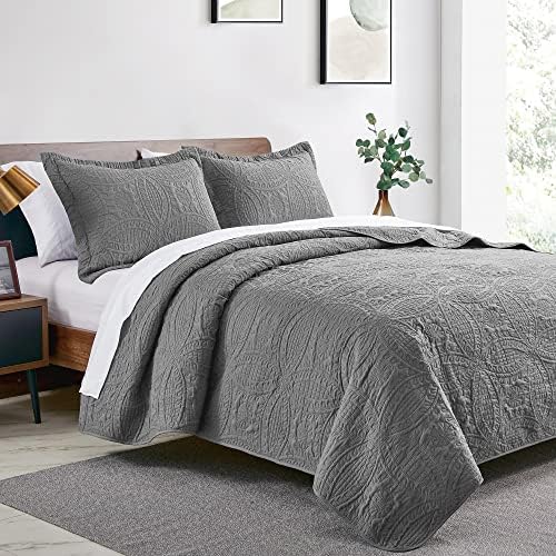 Love's cabin Quilts for Full Bed Grey Bedspreads Bedding Set - Summer Lightweight Bedspread Comforter - Coin Pattern Bedding Coverlet for All Season - 3 Pieces (1 Quilt, 2 Pillow Shams) - Image 2