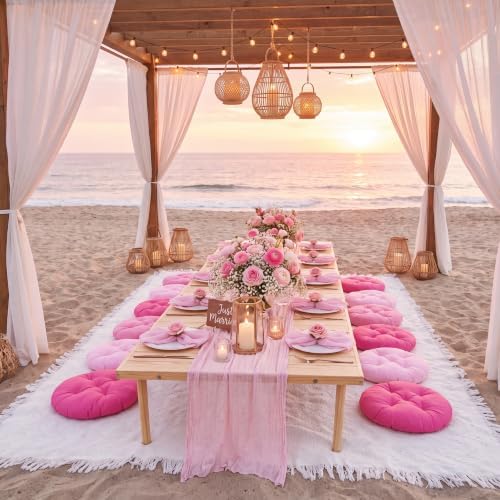 Beeveer 71x150'' Extra Large Outdoor Picnic Blanket with Pink Table Runner 12 Napkins and 12 Pink Floor Pillow Cushions for Picnic Party Camping Wedding Bachelorette Birthday Baby Shower Decor - Image 4