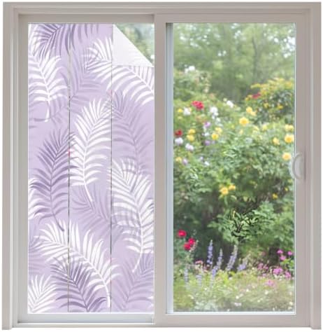 Window Privacy Film Frosted, Purple Botanical Non-Adhesive Static Cling Window Tint, Summer Palm Leaves Foliage Tropical Insulated Windows Frosted Films for Living Room, 35.4 x 78.7 Inches by Unknown