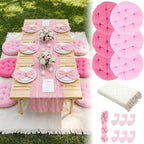 Beeveer 91 x 71'' Extra Large Outdoor Picnic Blanket with Pink Table Runner 6 Napkins and 6 Pink Floor Pillows Cushions for Picnic Party Camping Wedding Bachelorette Birthday Baby Shower Decor by Beeveer