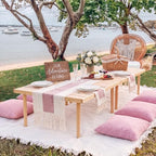 Beeveer 8 Pcs Light Pink Picnic Kit Extra Large Outdoor Boho Picnic Blanket 91x71'', Low Table Runner, 6 Throw Pillow Covers, Woven Cotton Yarn Oversize Washable Beach Blanket for Camp Wedding Garden - Image 4
