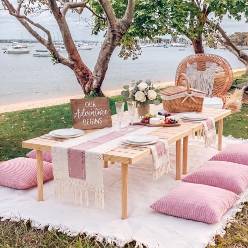 Beeveer 8 Pcs Light Pink Picnic Kit Extra Large Outdoor Boho Picnic Blanket 91x71'', Low Table Runner, 6 Throw Pillow Covers, Woven Cotton Yarn Oversize Washable Beach Blanket for Camp Wedding Garden - Image 4