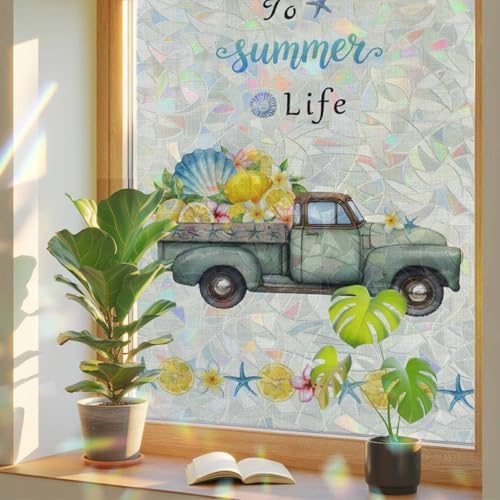 Summer Truck Lemon Window Privacy Film Rainbow Static Cling Stain Glass Window Film for Glass Door, Decorative Heat Blocking Sunroof Decal Sticker for Car 29.5"x78.7" Nautical Coastal Linen Texture - Image 3