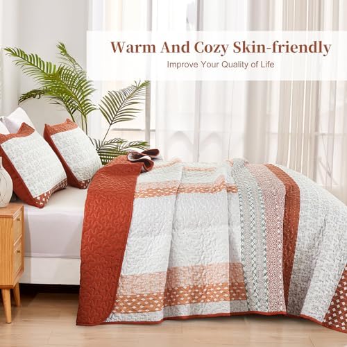 WONGS BEDDING Boho Quilt Set Queen, Stripe Bedspread Sets, Burnt Orange - Image 3