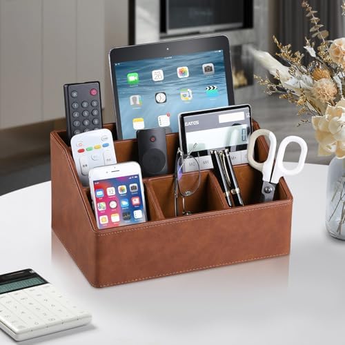 PU Leather Desk Organizer, Remote Control Holder, Brown - Image 2
