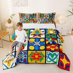 Erosebridal Mexican Talavera Tiles King Size Comforter Set, Colorful Floral Patchwork Bedding Sets for Kids Girls Boys, Vintage Boho Flower Bed Set Quilts, Mexico Ethnic Room Decor - Image 7