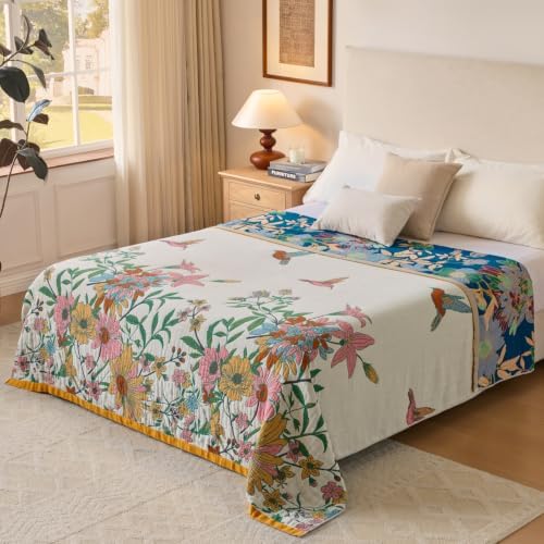 Boho Throw Blanket, 100% Soft Cotton Floral Quilt, King 90"x 98" - Image 2