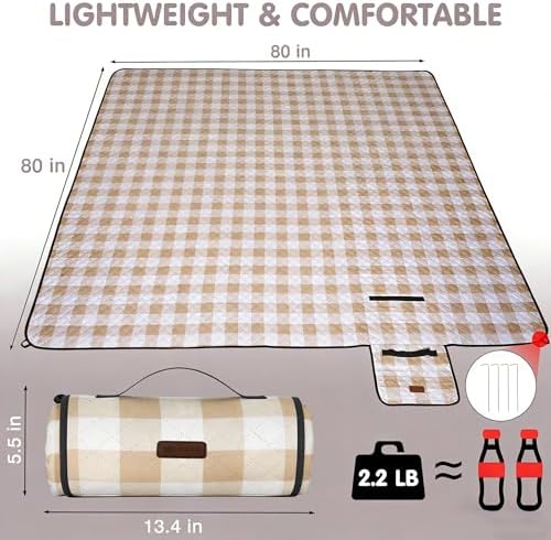 HX&OD Outdoor Picnic Blanket, Extra Large, 80''x80'' Waterproof Foldable Blankets Gingham Picnic Mat for Beach, Camping Grass Lawn Park Accessories Cute Couple Ideas Wedding (Light Brown, 80”x80”) - Image 2