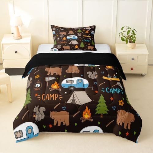 Erosebridal RV Camper Kids Comforter Sets Toddler Size, Forest Theme Camping 2Pcs Bed Set for Girls Boys, Woodland Animal Print Bear Bedding Set, Outdoor Travel Trailer Room Decor by Erosebridal