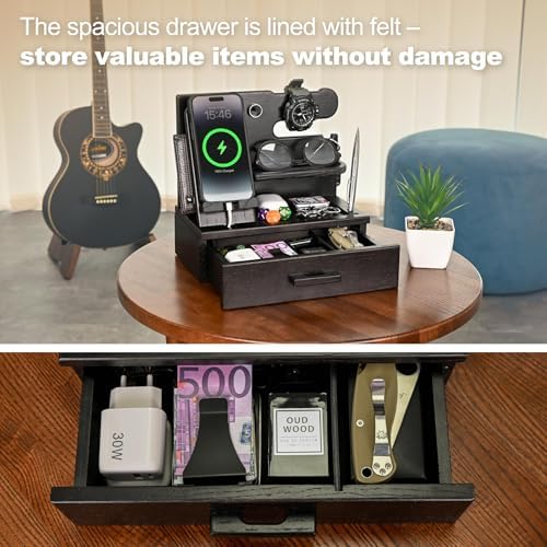 TESLYAR Wood Phone Docking Station with Drawer - Nightstand Organizer for Men, Bedside & Desk Organizer with Key & Watch Hooks - Birthday Gifts for Men, Dad, Husband (Fumed Black) - Image 6