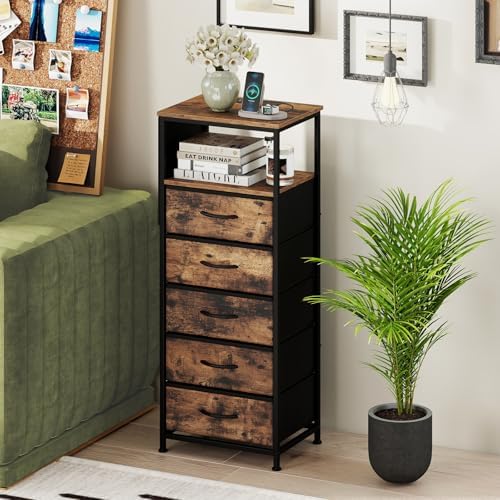 KOMFOTT Nightstand with Integrated Charging Station, 39" Tall Modern End Table with 5 Fabric Drawers, Side Pockets and Open Shelf, Bedside Table with 2 AC Outlets, USB and Type-C Ports for Bedroom - Image 4