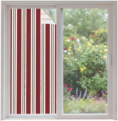 Window Privacy Film Frosted, Red Brown Striped Non-Adhesive Static Cling Window Tint, Modern Farmhouse Vertical Stripes Insulated Windows Frosted Films for Living Room, 35.4 x 78.7 Inches by Unknown