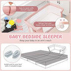 BABY JOY Bassinet Bedside Sleeper, 3 in 1 Folding Crib w/Adjustable Height, Mattress, Lockable Wheels, Storage Pocket & Carry Bag for Infant Newborn, Stationary & Rock, Portable Baby Bassinet (Pink) - Image 3