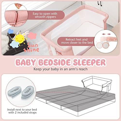 BABY JOY Bassinet Bedside Sleeper, 3 in 1 Folding Crib w/Adjustable Height, Mattress, Lockable Wheels, Storage Pocket & Carry Bag for Infant Newborn, Stationary & Rock, Portable Baby Bassinet (Pink) - Image 3