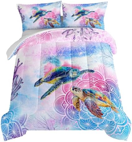 HOSIMA Sea Turtle Bedding,Coastal Beach Themed Comforters Queen Size for Kids Teen Girls Boys Room Decor, Toddler Bedding Set,Mandala Turtle Comforter with 2 Pillowcases. by HOSIMA
