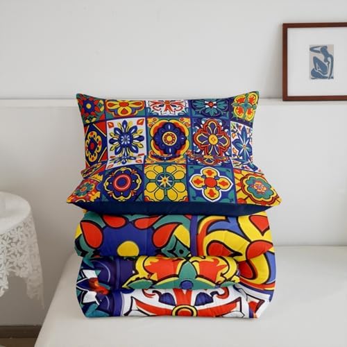 Erosebridal Mexican Talavera Tile Full Comforter Set - Colorful Mexico Tiles Bedding Sets, Vintage Floral Patchwork Bed Set for Kids Adults, Exotic Ethnic Aesthetic Room Decor - 2 Pillowcases - Image 7