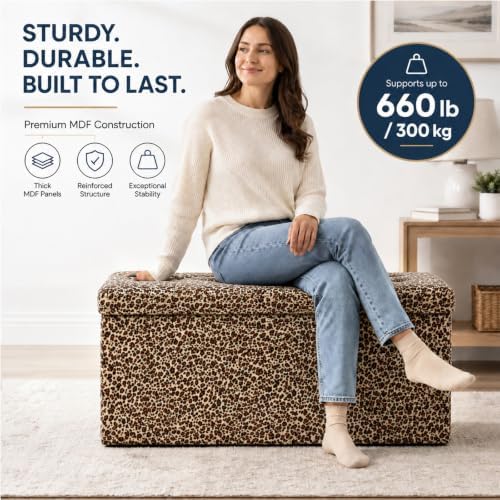 ALASDO 30 Inch Folding Storage Ottoman Bench with Hidden Storage, PU Leather Ottoman Foot Rest Stool, End of Bed Bench for Bedroom, Living Room, Entryway and Closet, Leopard Print - Image 3