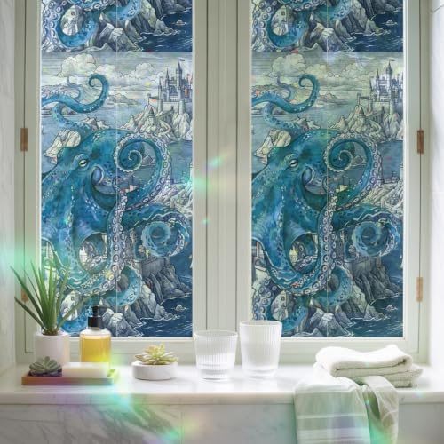 Ocean Blue Octopus Window Privacy Film Rainbow Static Cling Stain Glass Window Film for Glass Door, Decorative Sunroof Decal Sticker for Car 23.6"x78.7" Nautical Castle Coastal Lighthouse - Image 6
