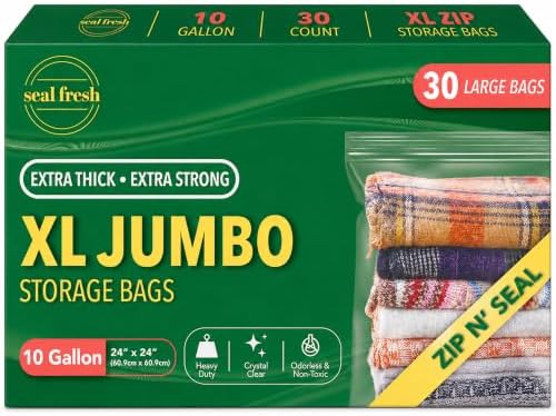 Seal Fresh 10 Gallon Large Plastic Storage Bags - 24 x 24 Inch (30 Count) - Reusable Write-On XXL Extra Large Big Oversized Clear Jumbo Zip Top Bags with Sealable Zipper for Clothes, Travel, Moving by SealFresh