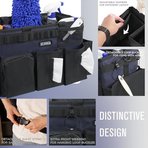 SCAVATA Wearable Cleaning Caddy Bag, Cleaning Caddy Supplies Organizer with Handle & Shoulder Straps for Housekeepers, Under Sink & Car Cleaning Tool Organizers with 4 Foldable Divider Navy (DarkBlue) - Image 3