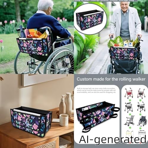 LedBack Flowers Mobility Scooter Accessories for 3 Pcs, Leaves Floral Rollator Walker Seat and Backrest Covers Rollator Walker Storage Basket for Seniors - Image 5