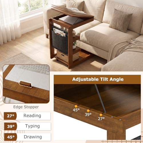 GIANTEX C-Shaped End Table with Wheels, Wooden Rolling Side Table w/Adjustable Desktop, Edge Stopper, Side Pocket & 3 Storage Shelves, Sofa Couch Bedside TV Tray for Living Room Bedroom (Brown,1) - Image 4