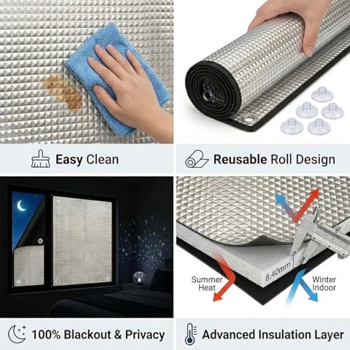Blackout Window Film Heat Control, Anti-UV Aluminum Foil Sun Blocking Privacy Window Cover, Thermal Insulation Room Darkening with Suction Cups Reusable(Grey Edge,44" W x 72" H) - Image 5