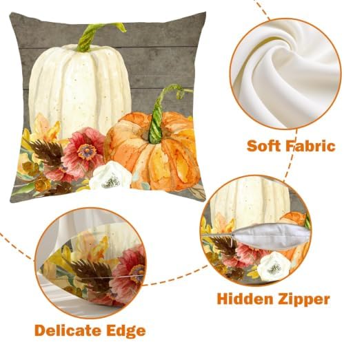 EMMTEEY Pumpkin Floral Autumn Watercolor Fall Pillow Covers 24x24 Set of 2 - Image 3
