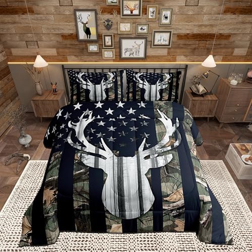 Rustic Deer Boys Bedding Set Queen Size,Deer Antlers Wild Animal Hunting Comforter Set,Army Green Camo Comforter Stars Stripes USA Flag Quilt with 2 Pillowcases, Camping Theme RV Cabin Lodge Decor - Image 6