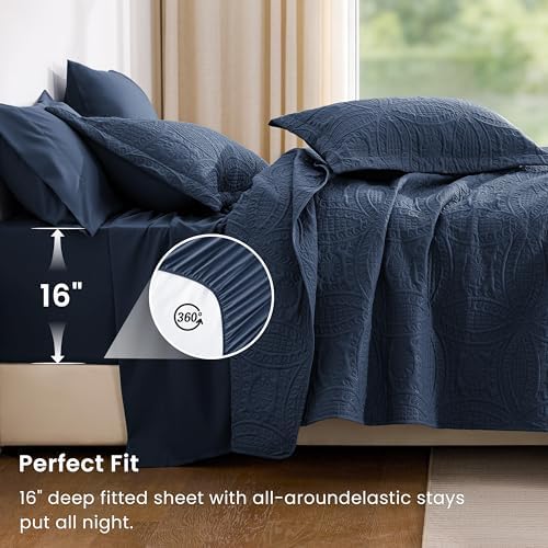 Love's cabin King Quilt Set Navy, Bed in a Bag King Size Bedding 7 Pieces, Ultrasonic Embossed Coin Pattern Comforter, Lightweight Bedspreads for All Seasons Quilt with Sheets, Pillowcases & Shams - Image 3