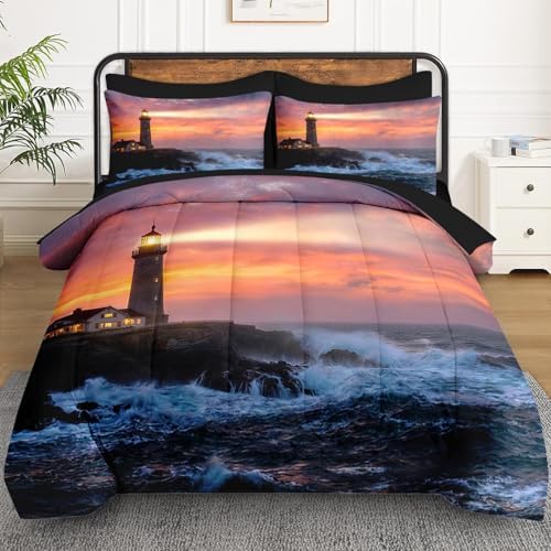 WeCozy Queen Comforter Set with Sheets, 7 Pieces Lighthouse Ocean Bedding - Image 2