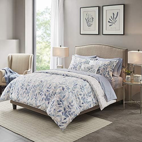 Madison Park Essentials Cozy Bed in a Bag Reversible Comforter with Complete Sheet Set - Modern Botanical Print All Season Cover, Shams, Decorative Pillow, Twin(68"x86"), Blue 6 Piece by MADISONPARK
