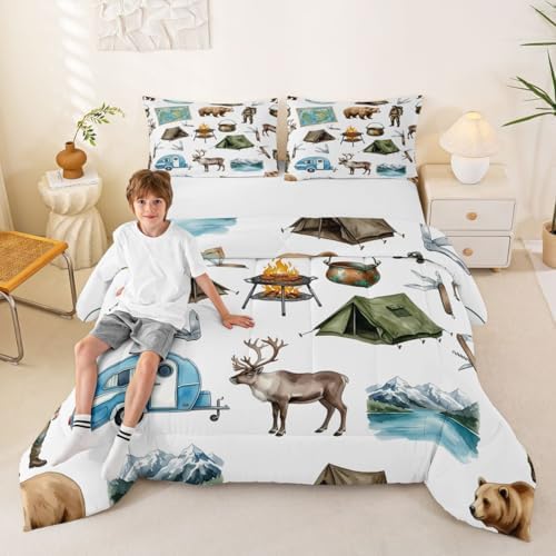 Erosebridal RV Camper Camping King Comforter Set, Hunting Deer Bear Bedding Sets for Kids Girls Boys, Lakehouse Rustic Cabin Room Bedroom Decor, Outdoor Travel Trailers Bed Set - Image 2