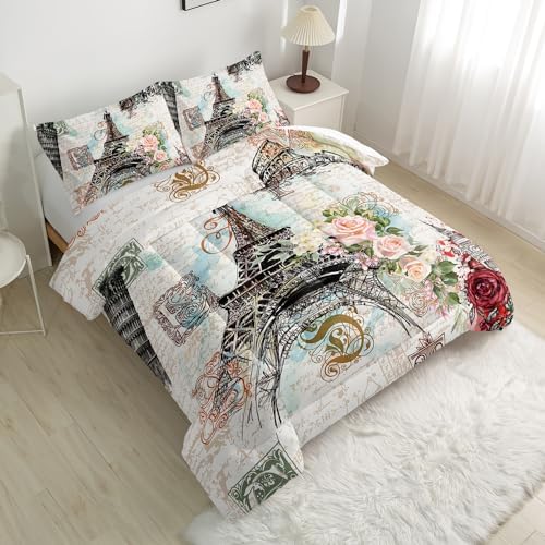 Nttopship Romantic Eiffel Tower Comforter Set Queen Size for Adults 3Pcs,Retro Style Eiffel and Flowers Bedding Set Soft Comfoter for All Season - Image 3