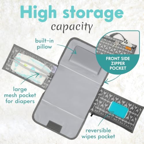 Kopi Baby Portable Diaper Changing Pad, Wipes Pocket, Modern Grey Arrows - Image 2
