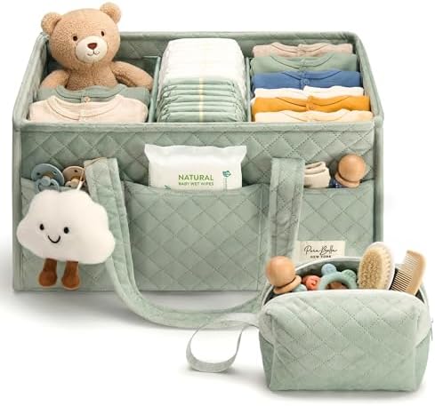 PeraBella Baby Diaper Caddy Organizer, Baby Basket Shower Gift, Portable Changing Table Basket, Postpartum Caddy & Tote Bag Pouch, Newborn Boy & Girl Nursery Essentials Registry, Car Diaper Organizer by PeraBella