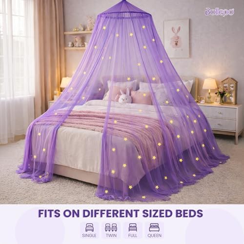 Bollepo Purple Bed Canopy for Girls with Glowing Stars - Princess Netting Room Decor, Ceiling Tent to Cover Toddler | Single, Twin, Full, Queen Size Kids Bed, Fire Retardant Fabric - Image 2
