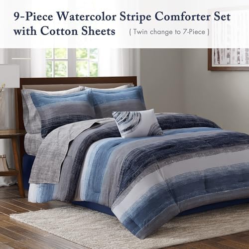Madison Park Essentials Queen Comforter Set, Bed in a Bag, Watercolor Print Coastal Comforter & Chambray Cotton Sheet Set, All Season Bedding Set, Saben, Navy Queen (90 in x 90 in) 9 Piece - Image 2