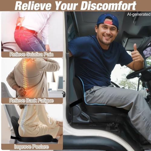MYFAMIREA Truck Seat Cushion, Memory Foam Trucker Seat Cushion for Truck Driver Long Sitting with Adjustable Strap, Back Support and Pain Relief for Trucker Driving Office Chair and Pain, Black - Image 4