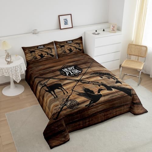 Retro Hunt Fish Comforter Set Twin Size,Retro Farm Wooden Board Quilt Set for Kids Boys Bedroom Collection,Deer Bird Fish Animal Hunting Polyester Bedding with 1 Pillowcase,2Pcs - Image 6