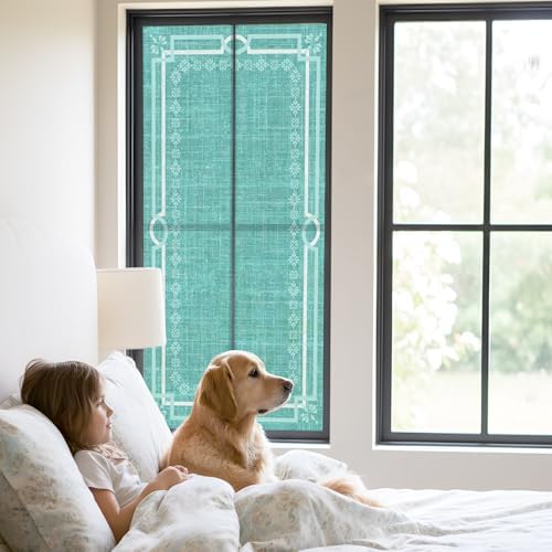 Window Privacy Film Frosted, Turquoise Botanical Static Cling Door Window Covering, Vintage Florals Geometric Minimalist UV Blocking Windows Film for Office, Hotel, Bedroom, 29.5 x 78.7 Inches - Image 2