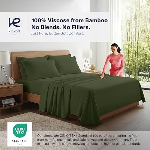 Kickoff Viscose Bamboo Sheets Full Size 4-pc 100% Organic Bamboo Viscose Bed Cooling Sheets Full Size Set Cool Bedding for hot Sleepers Sheet Set - Gift Ready Packaging (Green, F) - Image 3