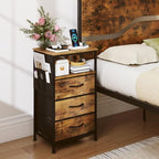KOMFOTT Nightstand with Charging Station, 27.5" Modern Bedside Table with 3 Fabric Drawers, Open Shelf & Side Pocket, End Table with 2 AC Outlets, USB and Type-C Port for Bedroom (Rustic Brown,1) - Image 2