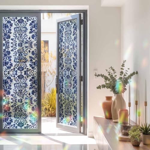 Blue Spring Floral Window Privacy Film Rainbow Static Cling Stain Glass Window Film for Glass Door, Decorative Heat Blocking Sunroof Decal Sticker for Car 23.6"x78.7" Summer Botanical Farmhouse - Image 3