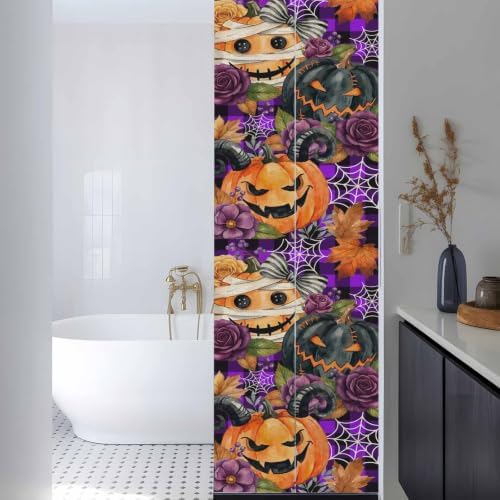 Window Privacy Film Frosted, Pumpkins Halloween Reusable Static Cling Window Tints, Black Horror Purple Check Floral Heat Control Windows Films for Offices, Balcony, 29.5 x 118 Inches - Image 3